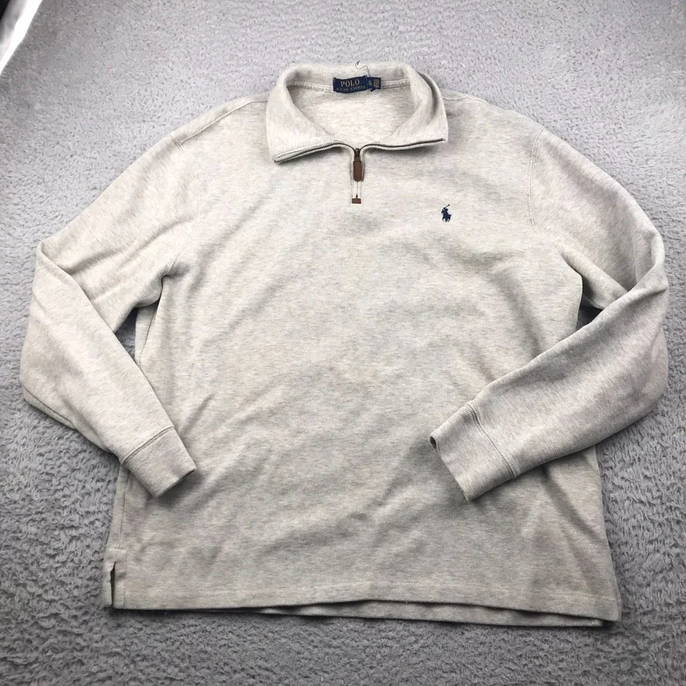 Polo Ralph Lauren 1/4 Zip Pullover Mens XL Gray Cotton Knit Navy Pony Sweater